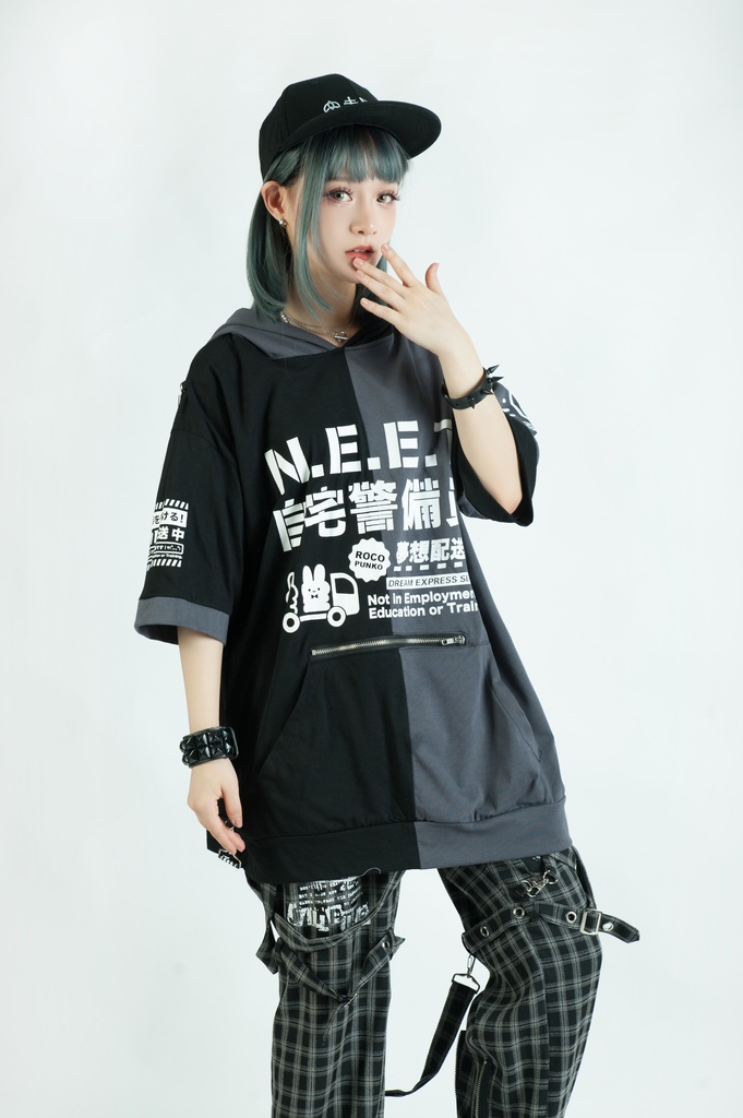 Jillpunkアニメ 可愛いお宅 ニ次コン 機動警察 NEET 自宅警備員 巡査警戒兵 ハーネス付き カンガルーポケット 反対色 うさぎ耳 ゆったり半袖 パーカー オリジナル メンズ レディーズ おしゃれ 男女兼用 ファッション 秋葉系