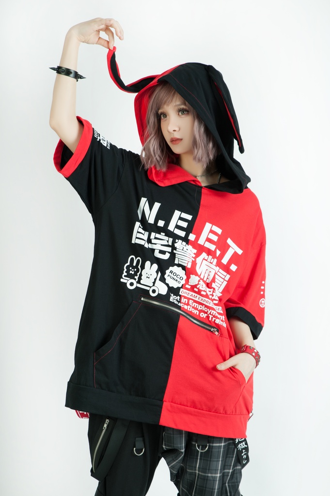 Jillpunkアニメ 可愛いお宅 ニ次コン 機動警察 NEET 自宅警備員 巡査警戒兵 ハーネス付き カンガルーポケット 反対色 うさぎ耳 ゆったり半袖 パーカー オリジナル メンズ レディーズ おしゃれ 男女兼用 ファッション 秋葉系