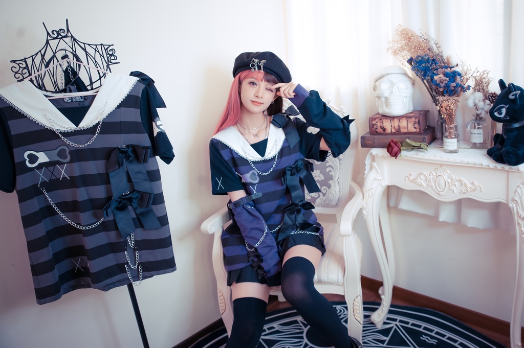 Jillpunk地雷系ゆめかわ 花梔コラボ 硝子桔梗 リボン アームカバー付き ストライプ柄 うさぎ耳 セーラー服半袖 Tシャツ・カットソー オリジナル 可愛い おしゃれ ファッション秋葉系萌え ロリータ