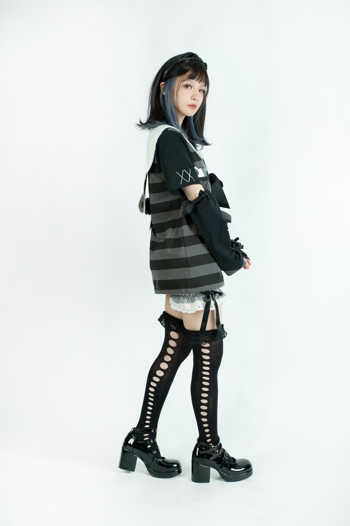 Jillpunk地雷系ゆめかわ 花梔コラボ 硝子桔梗 リボン アームカバー付き ストライプ柄 うさぎ耳 セーラー服半袖 Tシャツ・カットソー オリジナル 可愛い おしゃれ ファッション秋葉系萌え ロリータ