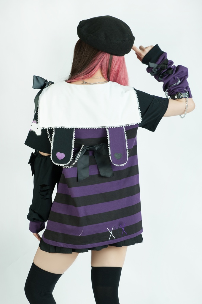 Jillpunk地雷系ゆめかわ 花梔コラボ 硝子桔梗 リボン アームカバー付き ストライプ柄 うさぎ耳 セーラー服半袖 Tシャツ・カットソー オリジナル 可愛い おしゃれ ファッション秋葉系萌え ロリータ