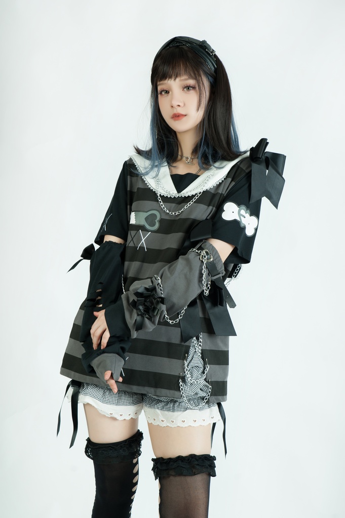 Jillpunk地雷系ゆめかわ 花梔コラボ 硝子桔梗 リボン アームカバー付き ストライプ柄 うさぎ耳 セーラー服半袖 Tシャツ・カットソー オリジナル 可愛い おしゃれ ファッション秋葉系萌え ロリータ