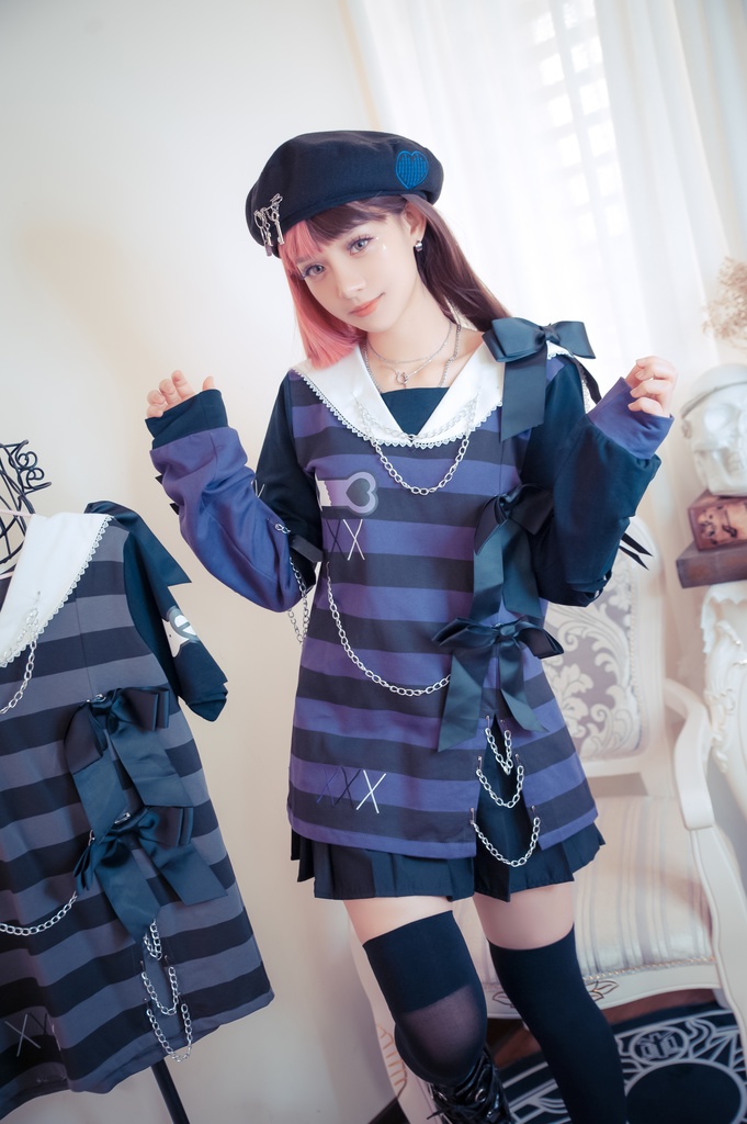 Jillpunk地雷系ゆめかわ 花梔コラボ 硝子桔梗 リボン アームカバー付き ストライプ柄 うさぎ耳 セーラー服半袖 Tシャツ・カットソー オリジナル 可愛い おしゃれ ファッション秋葉系萌え ロリータ