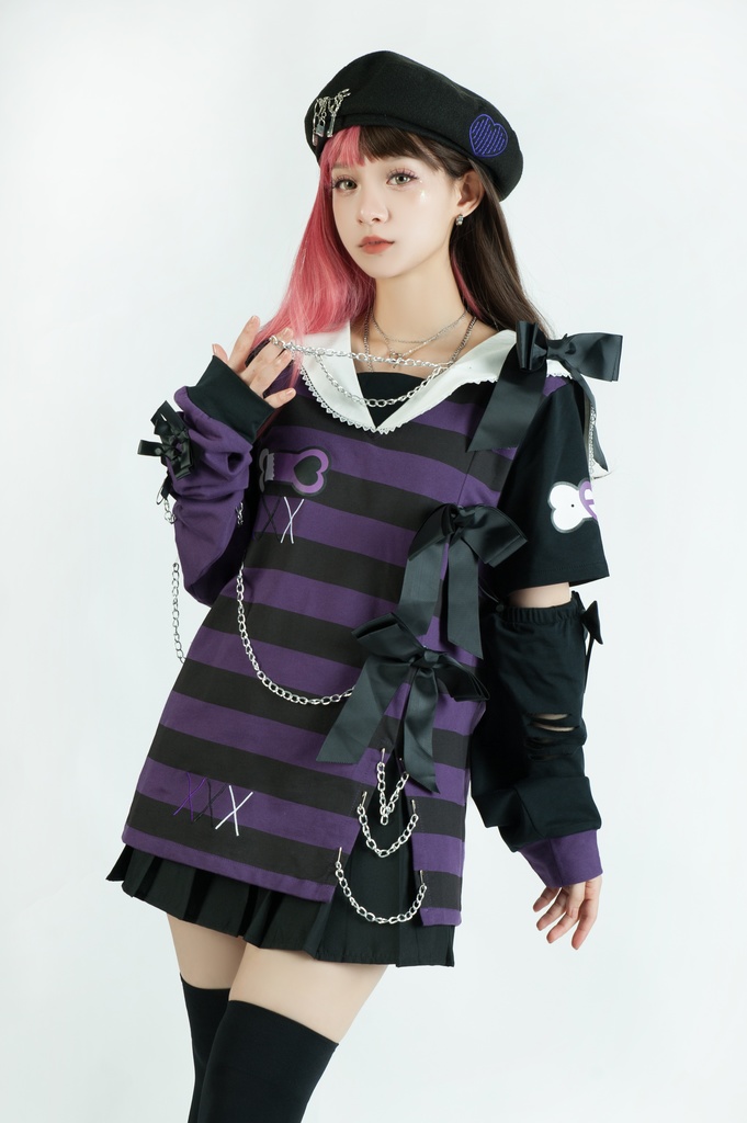 Jillpunk地雷系ゆめかわ 花梔コラボ 硝子桔梗 リボン アームカバー付き ストライプ柄 うさぎ耳 セーラー服半袖 Tシャツ・カットソー オリジナル 可愛い おしゃれ ファッション秋葉系萌え ロリータ