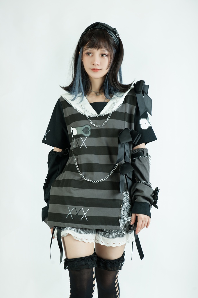 Jillpunk地雷系ゆめかわ 花梔コラボ 硝子桔梗 リボン アームカバー付き ストライプ柄 うさぎ耳 セーラー服半袖 Tシャツ・カットソー オリジナル 可愛い おしゃれ ファッション秋葉系萌え ロリータ