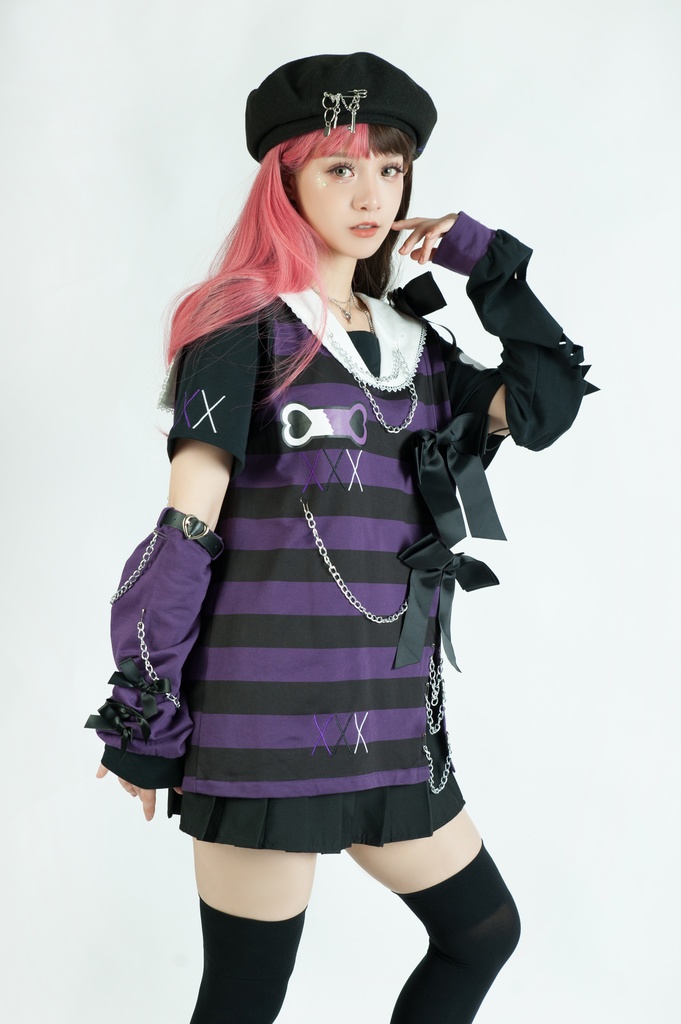 Jillpunk地雷系ゆめかわ 花梔コラボ 硝子桔梗 リボン アームカバー付き ストライプ柄 うさぎ耳 セーラー服半袖 Tシャツ・カットソー オリジナル 可愛い おしゃれ ファッション秋葉系萌え ロリータ