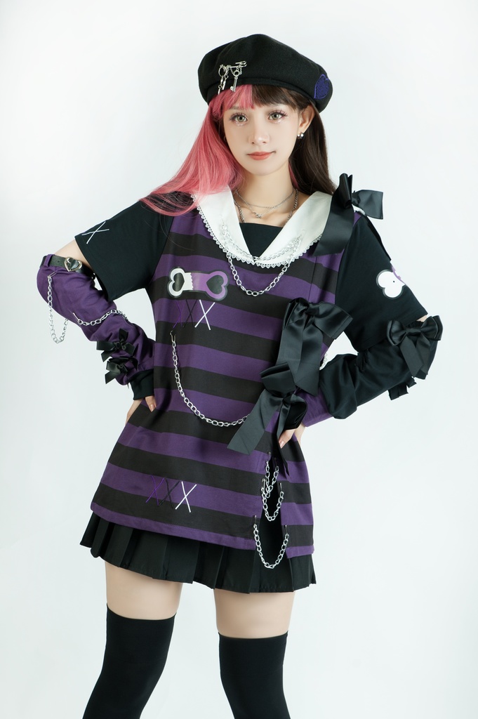 Jillpunk地雷系ゆめかわ 花梔コラボ 硝子桔梗 リボン アームカバー付き ストライプ柄 うさぎ耳 セーラー服半袖 Tシャツ・カットソー オリジナル 可愛い おしゃれ ファッション秋葉系萌え ロリータ