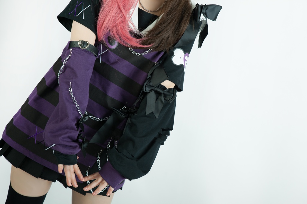 Jillpunk地雷系ゆめかわ 花梔コラボ 硝子桔梗 リボン アームカバー付き ストライプ柄 うさぎ耳 セーラー服半袖 Tシャツ・カットソー オリジナル 可愛い おしゃれ ファッション秋葉系萌え ロリータ