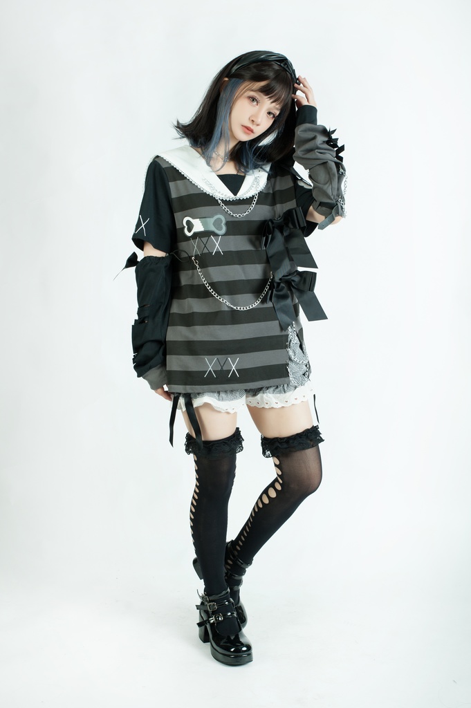 Jillpunk地雷系ゆめかわ 花梔コラボ 硝子桔梗 リボン アームカバー付き ストライプ柄 うさぎ耳 セーラー服半袖 Tシャツ・カットソー オリジナル 可愛い おしゃれ ファッション秋葉系萌え ロリータ