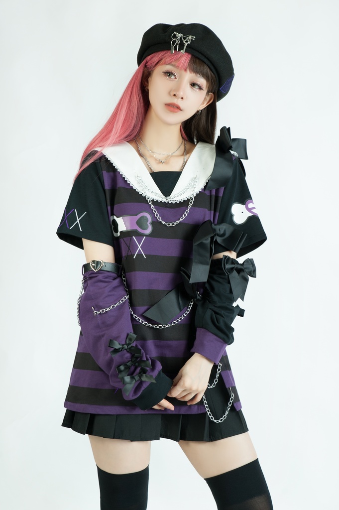 Jillpunk地雷系ゆめかわ 花梔コラボ 硝子桔梗 リボン アームカバー付き ストライプ柄 うさぎ耳 セーラー服半袖 Tシャツ・カットソー オリジナル 可愛い おしゃれ ファッション秋葉系萌え ロリータ