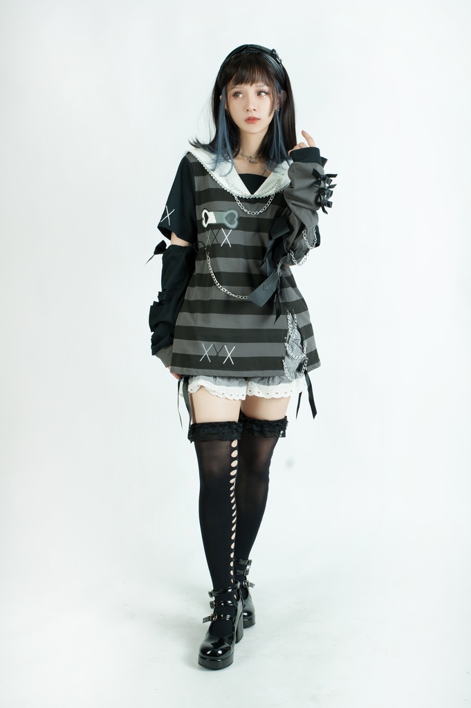 Jillpunk地雷系ゆめかわ 花梔コラボ 硝子桔梗 リボン アームカバー付き ストライプ柄 うさぎ耳 セーラー服半袖 Tシャツ・カットソー オリジナル 可愛い おしゃれ ファッション秋葉系萌え ロリータ