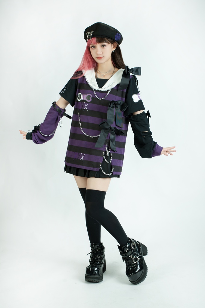 Jillpunk地雷系ゆめかわ 花梔コラボ 硝子桔梗 リボン アームカバー付き ストライプ柄 うさぎ耳 セーラー服半袖 Tシャツ・カットソー オリジナル 可愛い おしゃれ ファッション秋葉系萌え ロリータ