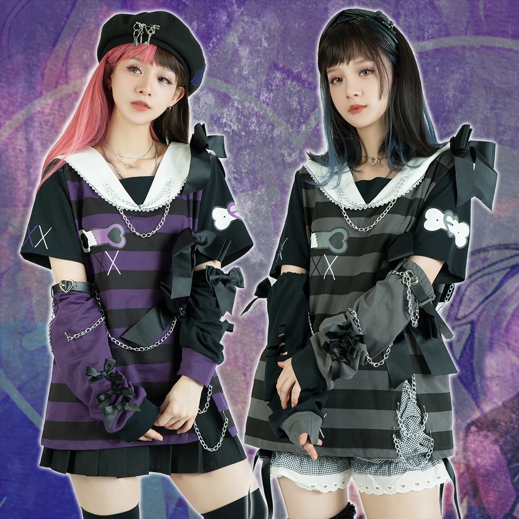 Jillpunk地雷系ゆめかわ 花梔コラボ 硝子桔梗 リボン アームカバー付き ストライプ柄 うさぎ耳 セーラー服半袖 Tシャツ・カットソー オリジナル 可愛い おしゃれ ファッション秋葉系萌え ロリータ
