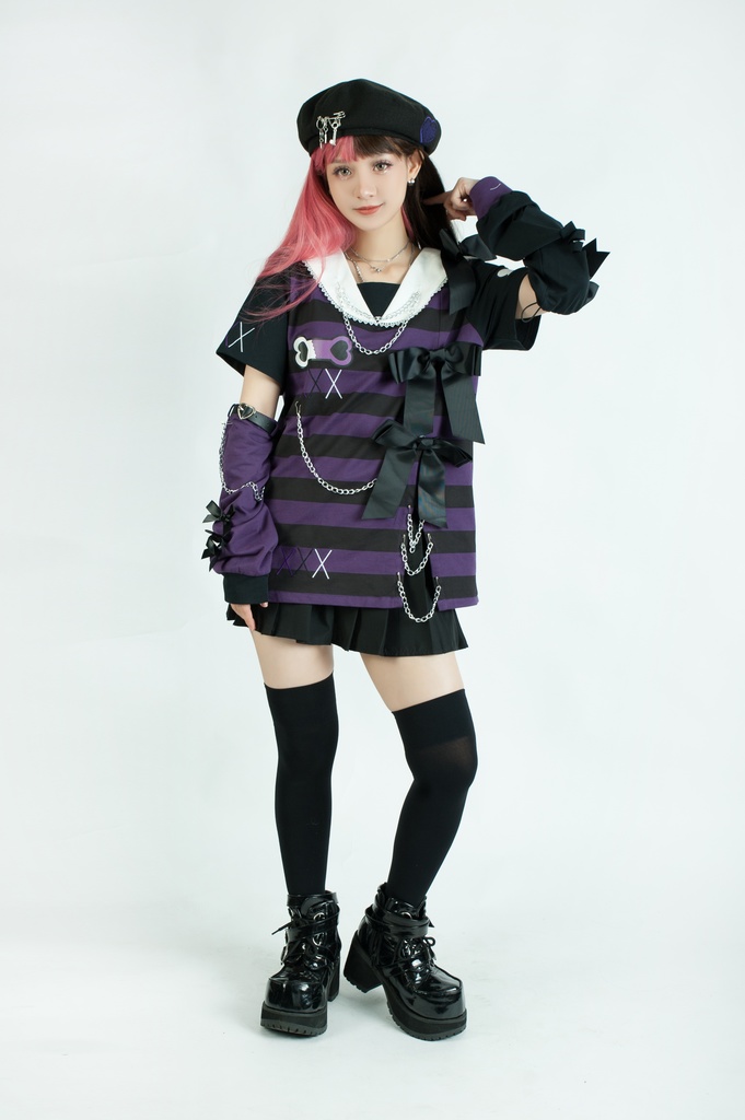 Jillpunk地雷系ゆめかわ 花梔コラボ 硝子桔梗 リボン アームカバー付き ストライプ柄 うさぎ耳 セーラー服半袖 Tシャツ・カットソー オリジナル 可愛い おしゃれ ファッション秋葉系萌え ロリータ