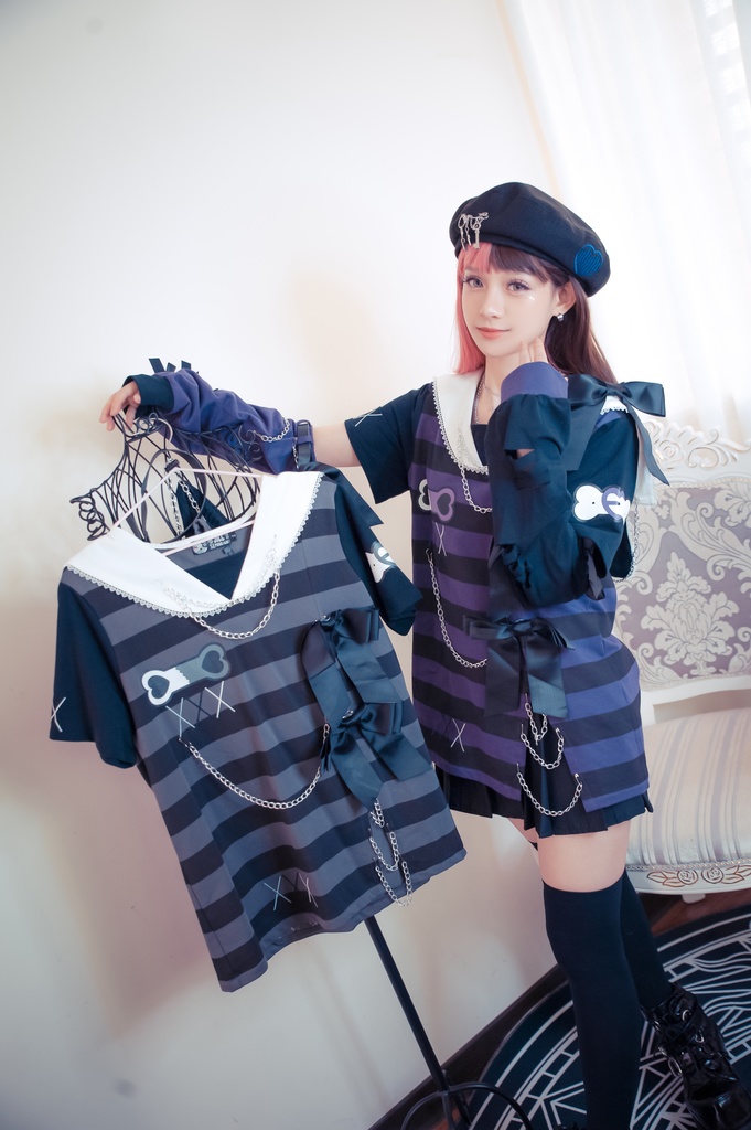 Jillpunk地雷系ゆめかわ 花梔コラボ 硝子桔梗 リボン アームカバー付き ストライプ柄 うさぎ耳 セーラー服半袖 Tシャツ・カットソー オリジナル 可愛い おしゃれ ファッション秋葉系萌え ロリータ