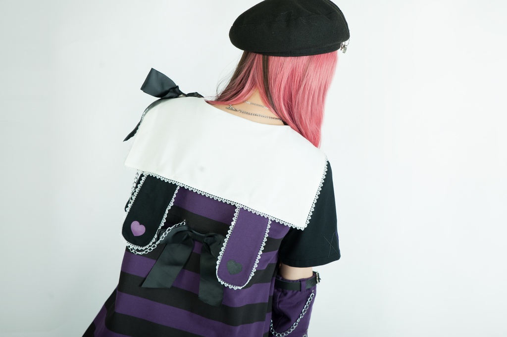 Jillpunk地雷系ゆめかわ 花梔コラボ 硝子桔梗 リボン アームカバー付き ストライプ柄 うさぎ耳 セーラー服半袖 Tシャツ・カットソー オリジナル 可愛い おしゃれ ファッション秋葉系萌え ロリータ