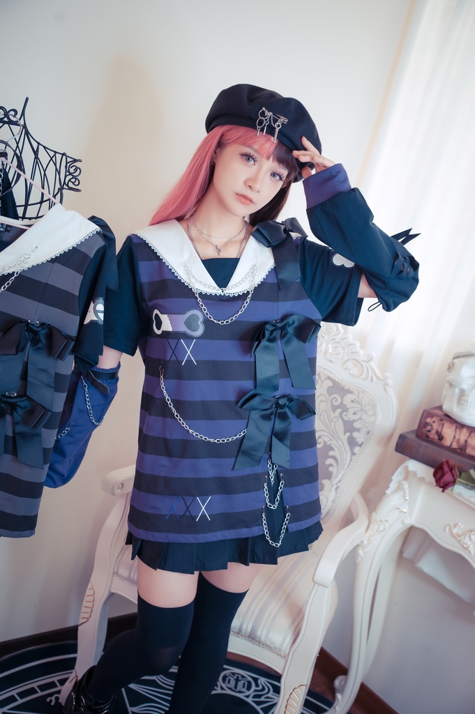 Jillpunk地雷系ゆめかわ 花梔コラボ 硝子桔梗 リボン アームカバー付き ストライプ柄 うさぎ耳 セーラー服半袖 Tシャツ・カットソー オリジナル 可愛い おしゃれ ファッション秋葉系萌え ロリータ