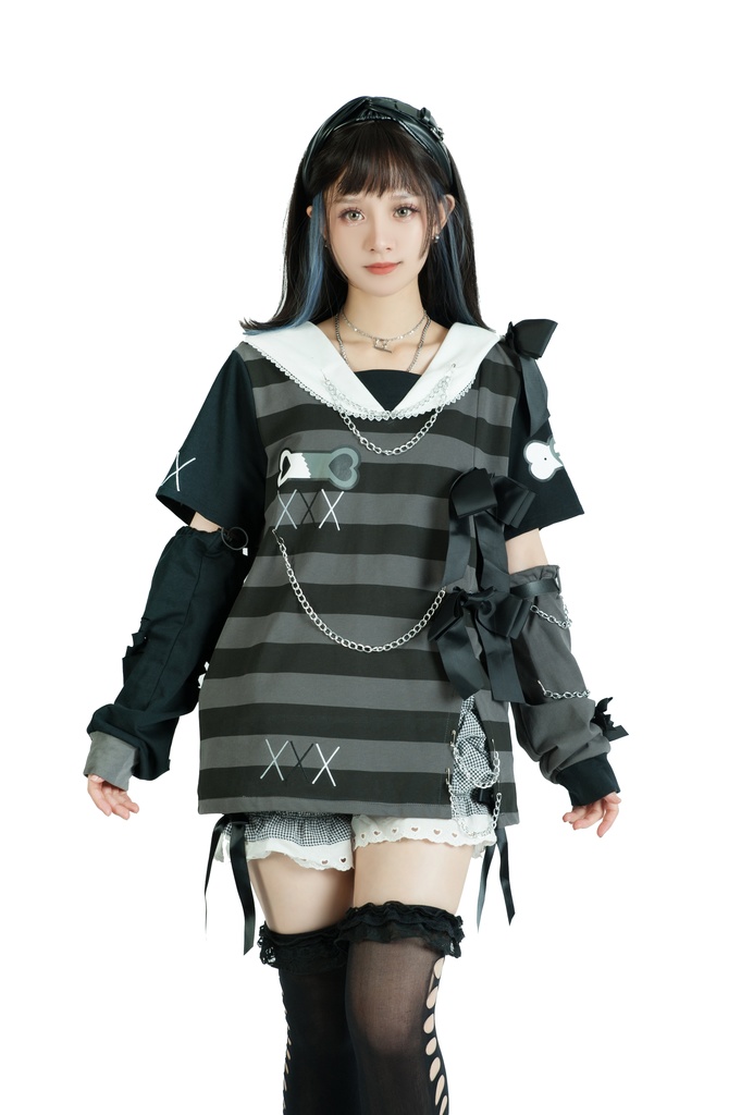 Jillpunk地雷系ゆめかわ 花梔コラボ 硝子桔梗 リボン アームカバー付き ストライプ柄 うさぎ耳 セーラー服半袖 Tシャツ・カットソー オリジナル 可愛い おしゃれ ファッション秋葉系萌え ロリータ