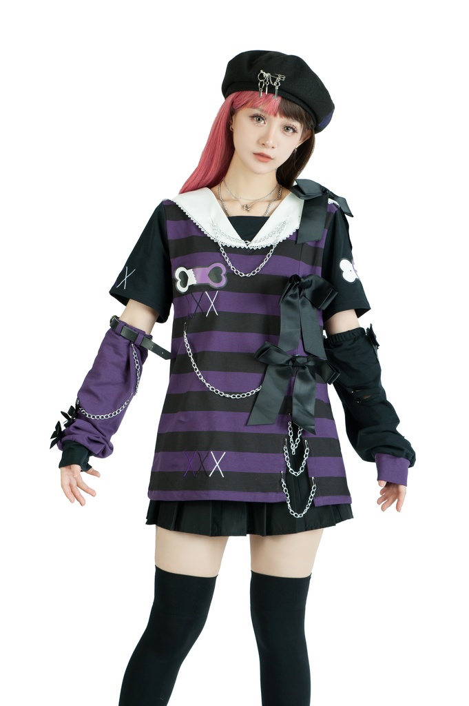 Jillpunk地雷系ゆめかわ 花梔コラボ 硝子桔梗 リボン アームカバー付き ストライプ柄 うさぎ耳 セーラー服半袖 Tシャツ・カットソー オリジナル 可愛い おしゃれ ファッション秋葉系萌え ロリータ