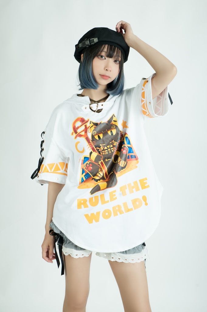 Jillpunk芝麻コラボアニメ 可愛い お宅 ニ次コン エジプト神話ベビー バステト猫の女神 ラウンドヘム レースアップリボン ゆったり 猫耳 半袖 パーカー オリジナル メンズ レディーズ おしゃれ 男女兼用 ファッション 秋葉系 可愛い 猫系