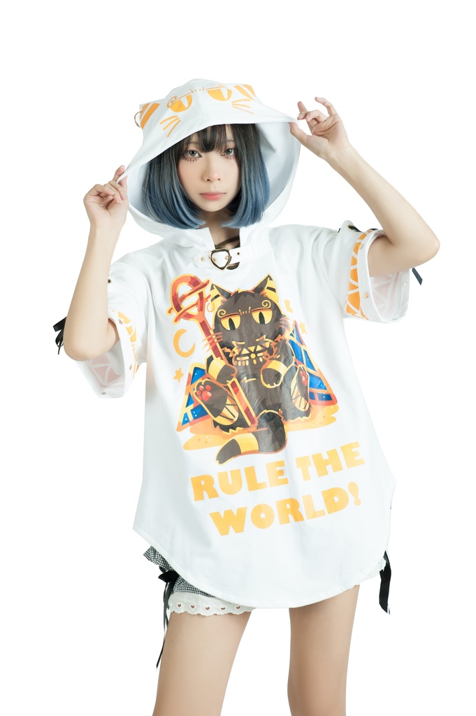 Jillpunk芝麻コラボアニメ 可愛い お宅 ニ次コン エジプト神話ベビー バステト猫の女神 ラウンドヘム レースアップリボン ゆったり 猫耳 半袖 パーカー オリジナル メンズ レディーズ おしゃれ 男女兼用 ファッション 秋葉系 可愛い 猫系