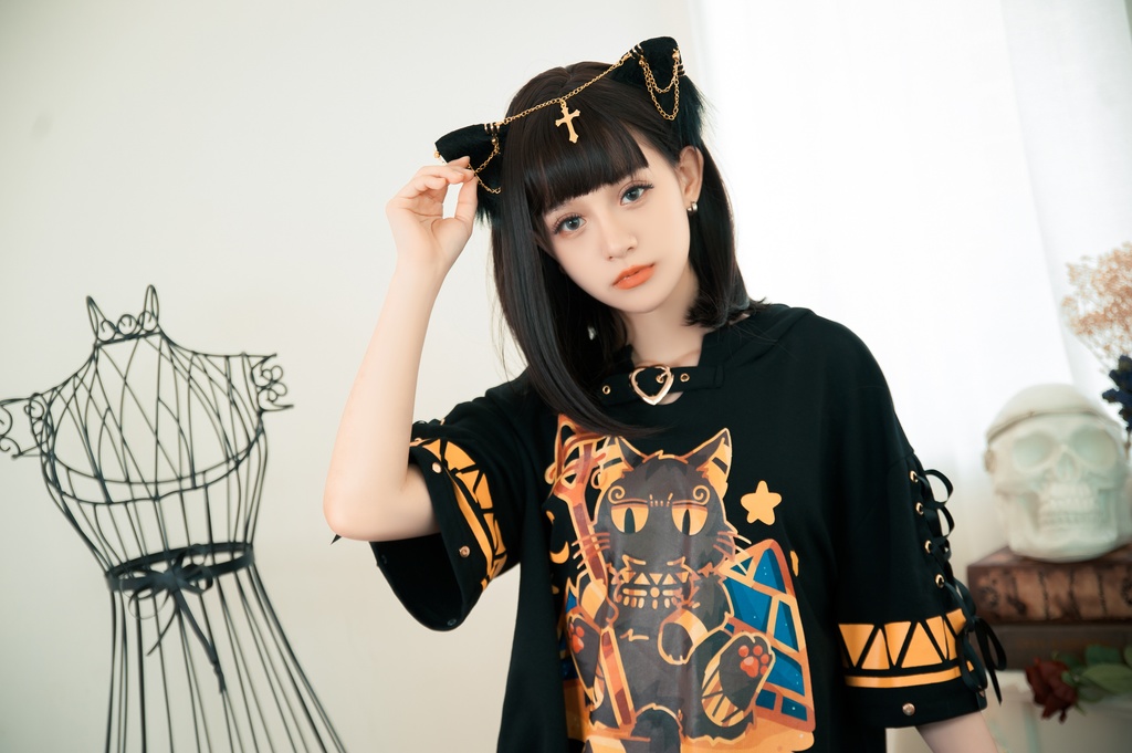 Jillpunk芝麻コラボアニメ 可愛い お宅 ニ次コン エジプト神話ベビー バステト猫の女神 ラウンドヘム レースアップリボン ゆったり 猫耳 半袖 パーカー オリジナル メンズ レディーズ おしゃれ 男女兼用 ファッション 秋葉系 可愛い 猫系