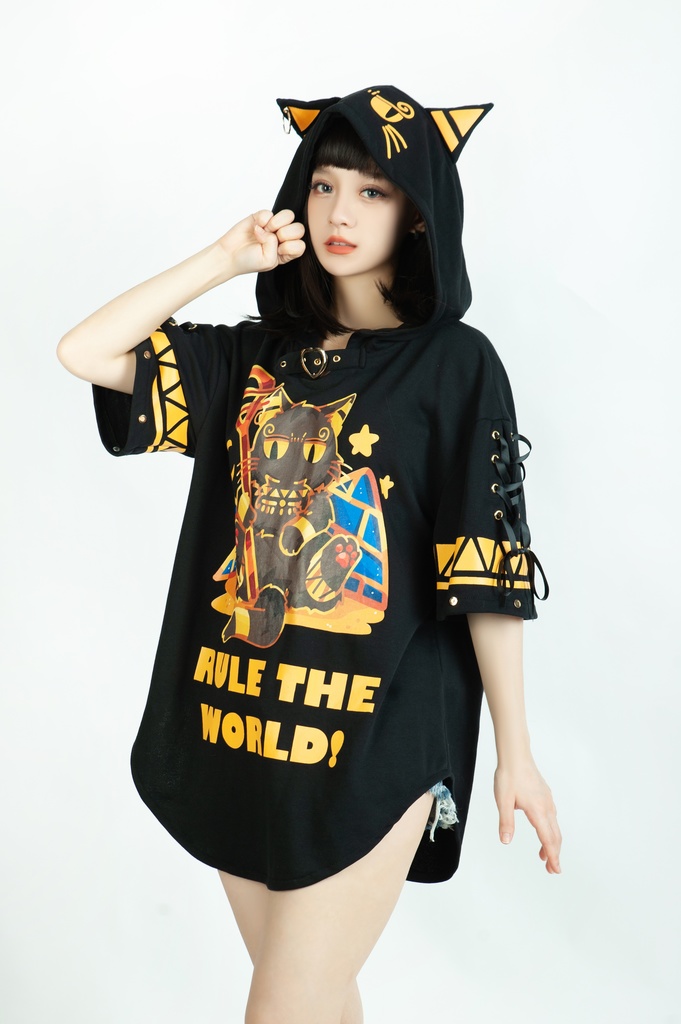 Jillpunk芝麻コラボアニメ 可愛い お宅 ニ次コン エジプト神話ベビー バステト猫の女神 ラウンドヘム レースアップリボン ゆったり 猫耳 半袖 パーカー オリジナル メンズ レディーズ おしゃれ 男女兼用 ファッション 秋葉系 可愛い 猫系