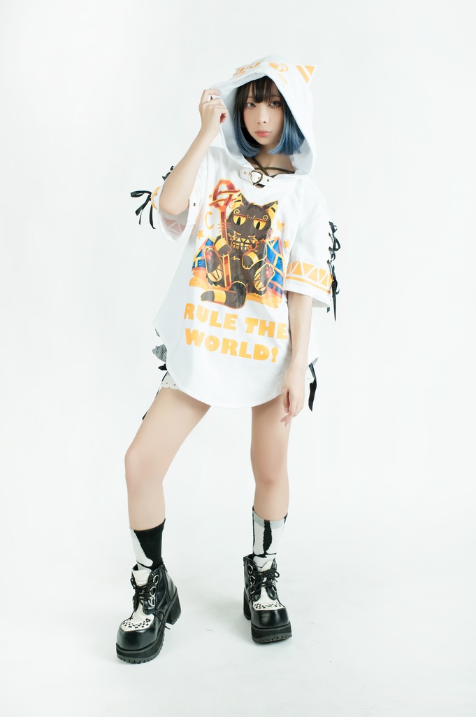 Jillpunk芝麻コラボアニメ 可愛い お宅 ニ次コン エジプト神話ベビー バステト猫の女神 ラウンドヘム レースアップリボン ゆったり 猫耳 半袖 パーカー オリジナル メンズ レディーズ おしゃれ 男女兼用 ファッション 秋葉系 可愛い 猫系