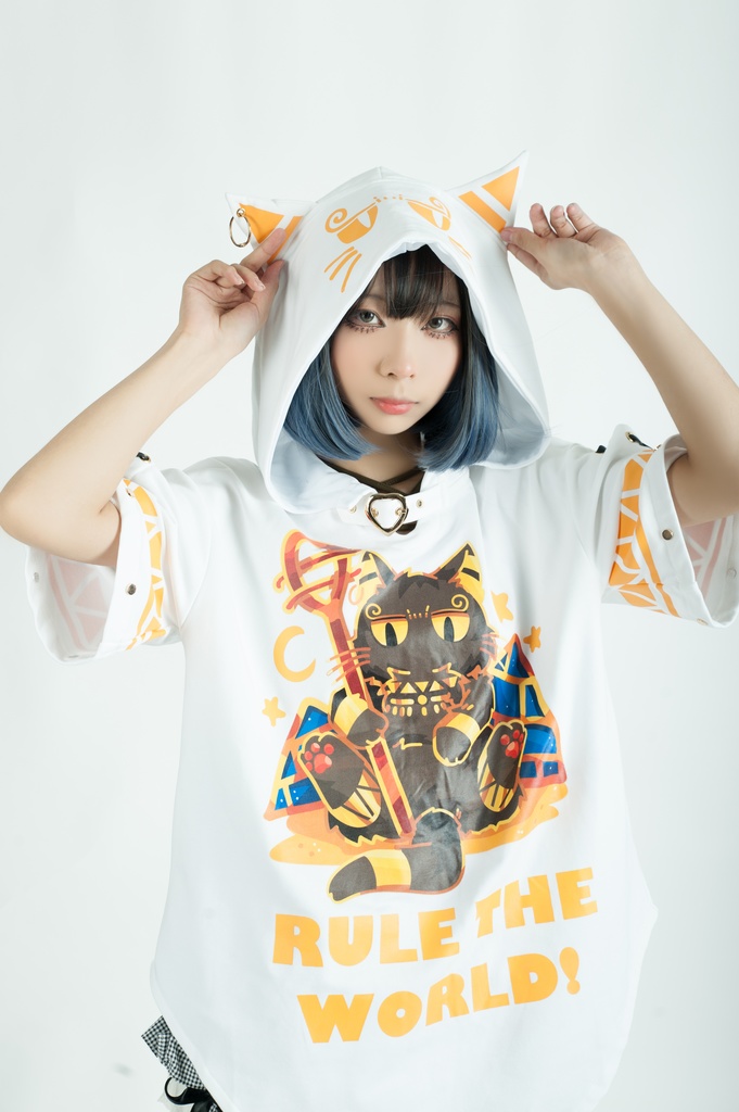 Jillpunk芝麻コラボアニメ 可愛い お宅 ニ次コン エジプト神話ベビー バステト猫の女神 ラウンドヘム レースアップリボン ゆったり 猫耳 半袖 パーカー オリジナル メンズ レディーズ おしゃれ 男女兼用 ファッション 秋葉系 可愛い 猫系