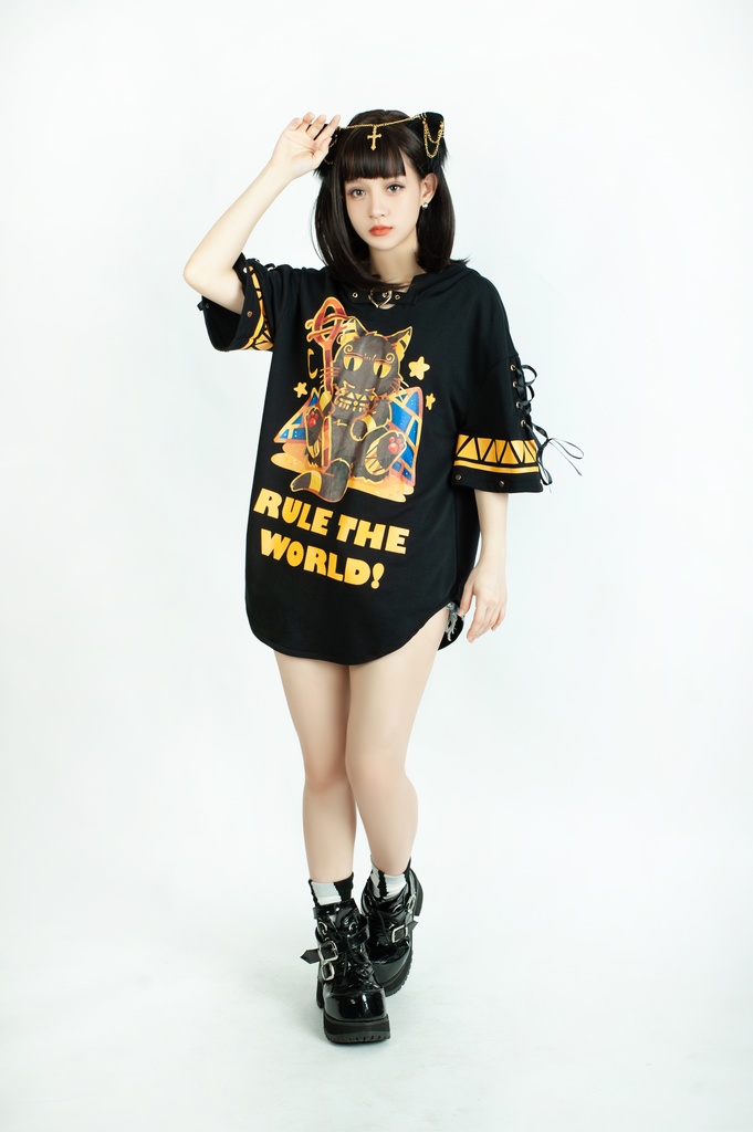 Jillpunk芝麻コラボアニメ 可愛い お宅 ニ次コン エジプト神話ベビー バステト猫の女神 ラウンドヘム レースアップリボン ゆったり 猫耳 半袖 パーカー オリジナル メンズ レディーズ おしゃれ 男女兼用 ファッション 秋葉系 可愛い 猫系