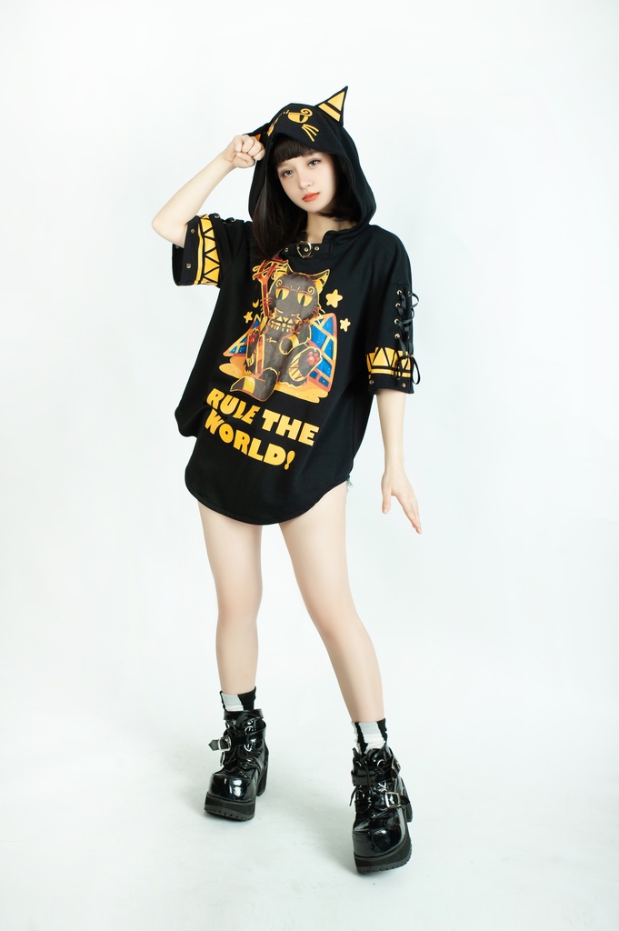 Jillpunk芝麻コラボアニメ 可愛い お宅 ニ次コン エジプト神話ベビー バステト猫の女神 ラウンドヘム レースアップリボン ゆったり 猫耳 半袖 パーカー オリジナル メンズ レディーズ おしゃれ 男女兼用 ファッション 秋葉系 可愛い 猫系