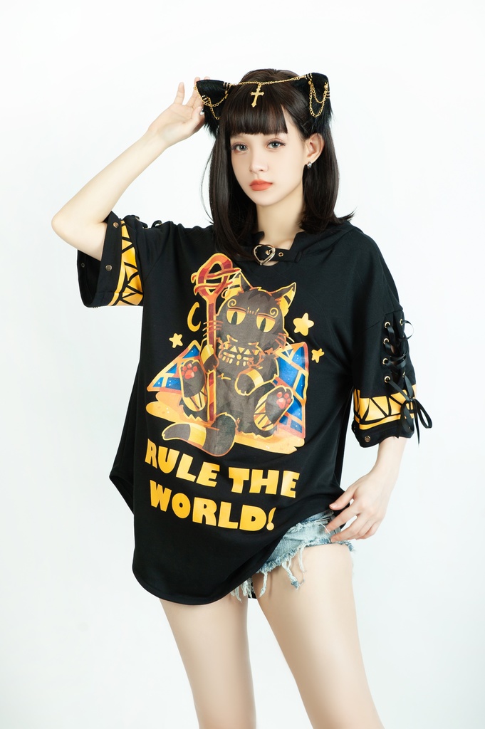 Jillpunk芝麻コラボアニメ 可愛い お宅 ニ次コン エジプト神話ベビー バステト猫の女神 ラウンドヘム レースアップリボン ゆったり 猫耳 半袖 パーカー オリジナル メンズ レディーズ おしゃれ 男女兼用 ファッション 秋葉系 可愛い 猫系