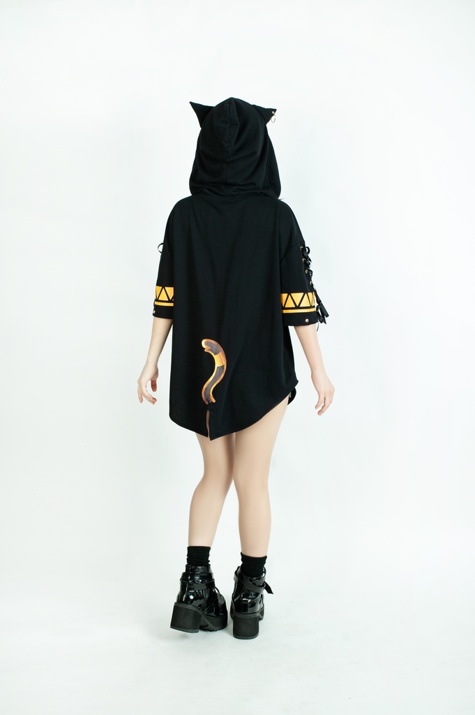 Jillpunk芝麻コラボアニメ 可愛い お宅 ニ次コン エジプト神話ベビー バステト猫の女神 ラウンドヘム レースアップリボン ゆったり 猫耳 半袖 パーカー オリジナル メンズ レディーズ おしゃれ 男女兼用 ファッション 秋葉系 可愛い 猫系