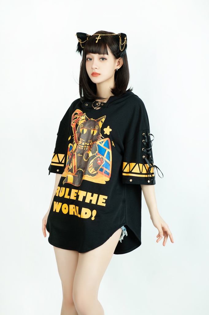 Jillpunk芝麻コラボアニメ 可愛い お宅 ニ次コン エジプト神話ベビー バステト猫の女神 ラウンドヘム レースアップリボン ゆったり 猫耳 半袖 パーカー オリジナル メンズ レディーズ おしゃれ 男女兼用 ファッション 秋葉系 可愛い 猫系