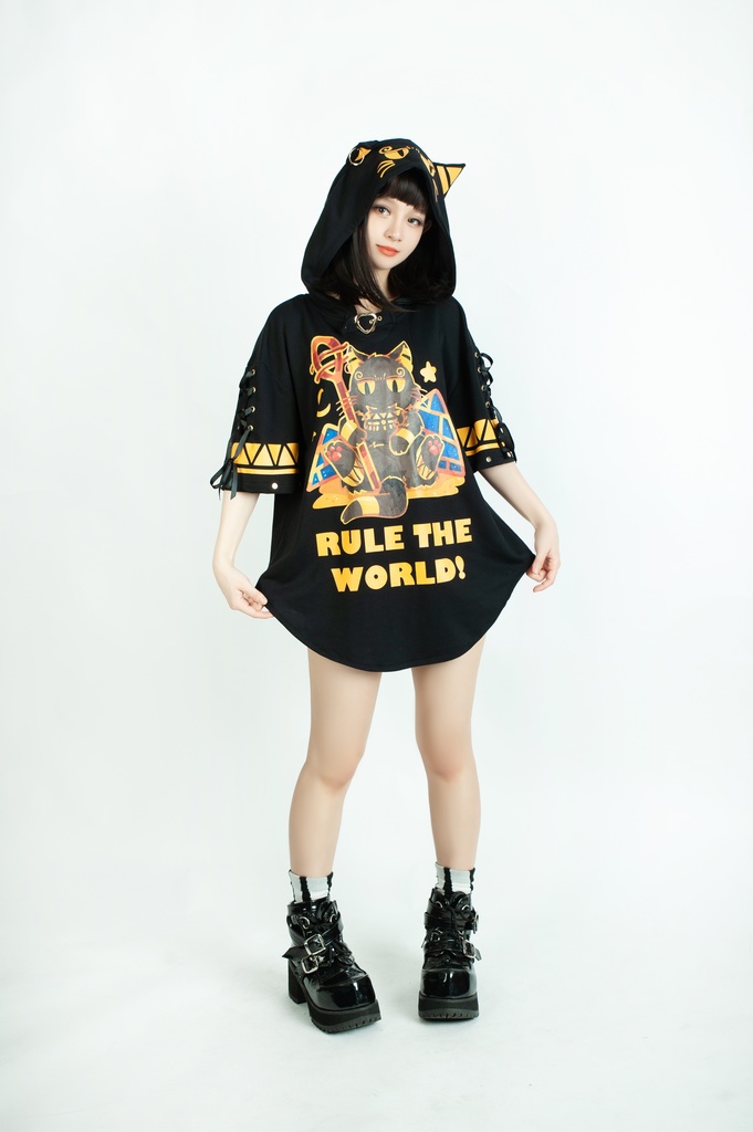 Jillpunk芝麻コラボアニメ 可愛い お宅 ニ次コン エジプト神話ベビー バステト猫の女神 ラウンドヘム レースアップリボン ゆったり 猫耳 半袖 パーカー オリジナル メンズ レディーズ おしゃれ 男女兼用 ファッション 秋葉系 可愛い 猫系