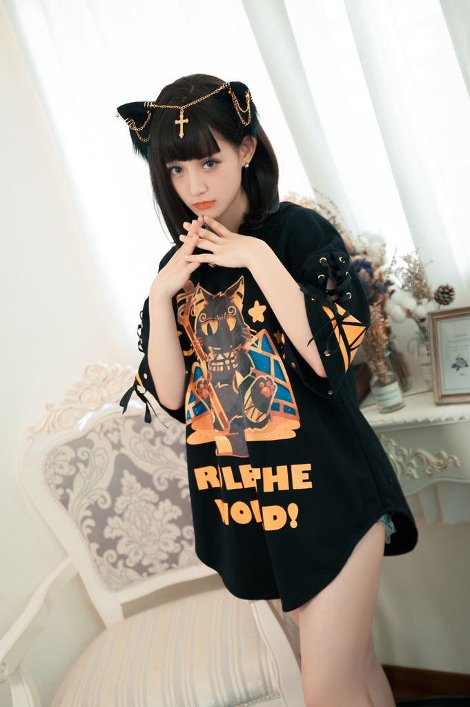 Jillpunk芝麻コラボアニメ 可愛い お宅 ニ次コン エジプト神話ベビー バステト猫の女神 ラウンドヘム レースアップリボン ゆったり 猫耳 半袖 パーカー オリジナル メンズ レディーズ おしゃれ 男女兼用 ファッション 秋葉系 可愛い 猫系