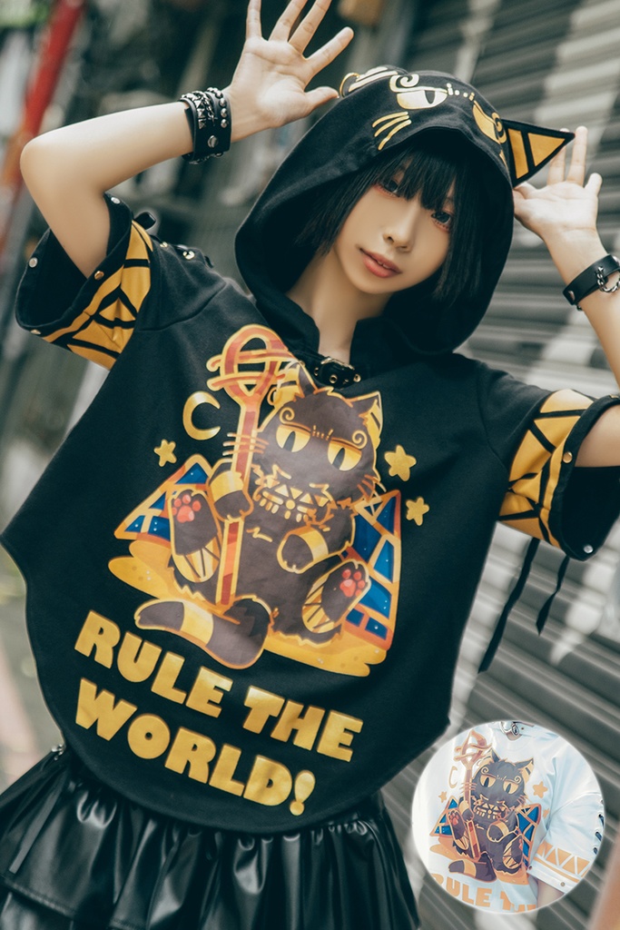 Jillpunk芝麻コラボアニメ 可愛い お宅 ニ次コン エジプト神話ベビー バステト猫の女神 ラウンドヘム レースアップリボン ゆったり 猫耳 半袖 パーカー オリジナル メンズ レディーズ おしゃれ 男女兼用 ファッション 秋葉系 可愛い 猫系