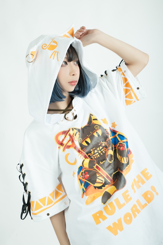 Jillpunk芝麻コラボアニメ 可愛い お宅 ニ次コン エジプト神話ベビー バステト猫の女神 ラウンドヘム レースアップリボン ゆったり 猫耳 半袖 パーカー オリジナル メンズ レディーズ おしゃれ 男女兼用 ファッション 秋葉系 可愛い 猫系