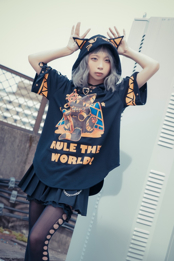 Jillpunk芝麻コラボアニメ 可愛い お宅 ニ次コン エジプト神話ベビー バステト猫の女神 ラウンドヘム レースアップリボン ゆったり 猫耳 半袖 パーカー オリジナル メンズ レディーズ おしゃれ 男女兼用 ファッション 秋葉系 可愛い 猫系