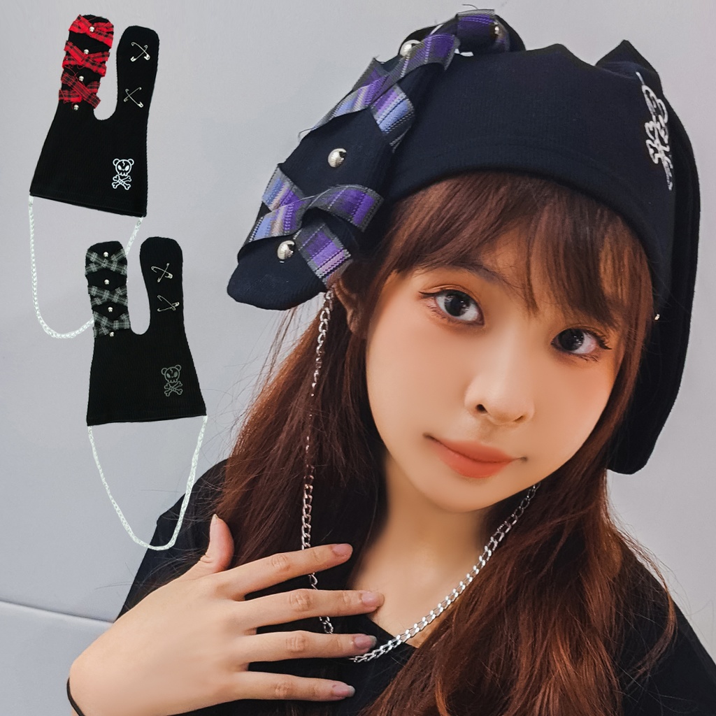 Jillpunk地雷系病みカワ パンクロック ミイラうさぎ タータン包帯 スカル刺繡 兎耳 安全ピン 鎖チェーン付き ニット ビーニー帽子 オリジナル 可愛い おしゃれ ファッション秋葉系萌え