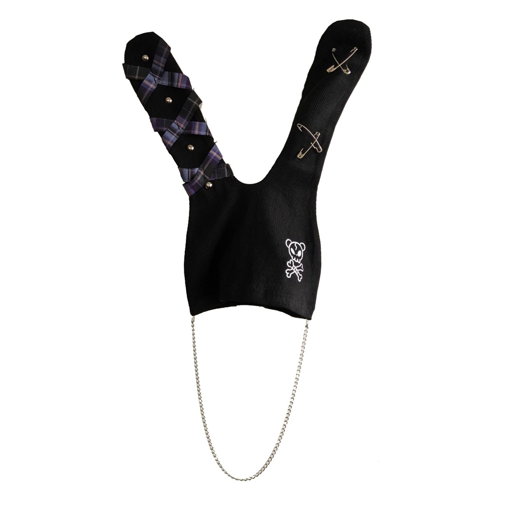 Jillpunk地雷系病みカワ パンクロック ミイラうさぎ タータン包帯 スカル刺繡 兎耳 安全ピン 鎖チェーン付き ニット ビーニー帽子 オリジナル 可愛い おしゃれ ファッション秋葉系萌え