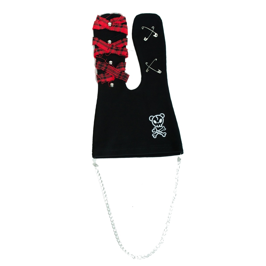 Jillpunk地雷系病みカワ パンクロック ミイラうさぎ タータン包帯 スカル刺繡 兎耳 安全ピン 鎖チェーン付き ニット ビーニー帽子 オリジナル 可愛い おしゃれ ファッション秋葉系萌え