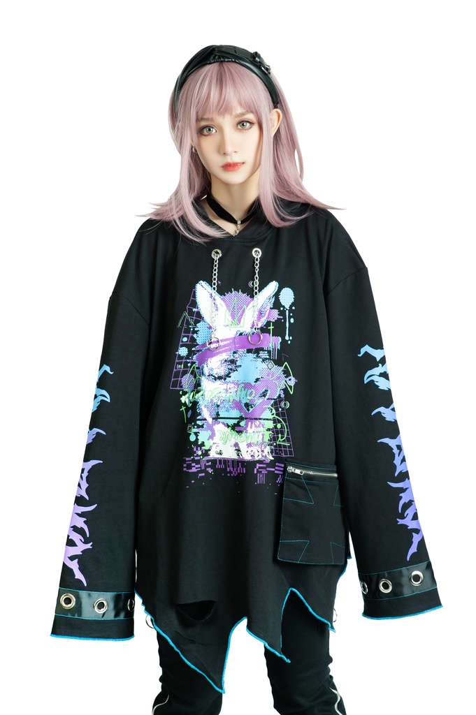 Jillpunk病みカワ Y2K ハロウィン インプパーティー 3Dツノ付き アシンメトリー変形の裾 穴開き クラッシュ 長袖 ゆったりパーカー オリジナルメンズ レディーズ カジュアル おしゃれ男女兼用 可愛い