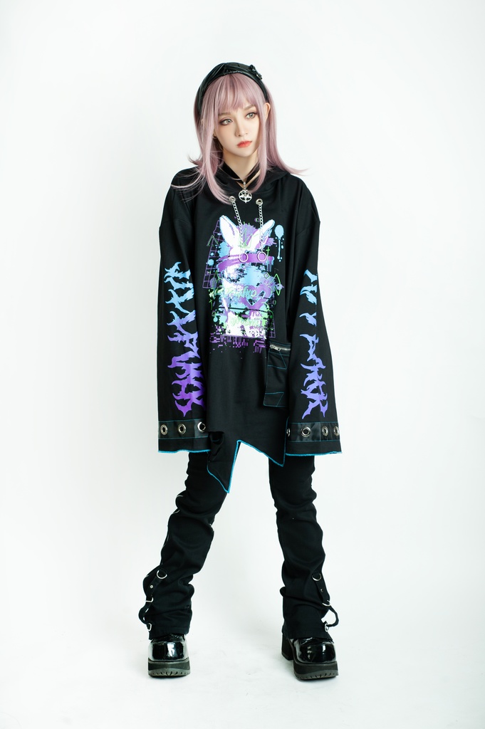 Jillpunk病みカワ Y2K ハロウィン インプパーティー 3Dツノ付き アシンメトリー変形の裾 穴開き クラッシュ 長袖 ゆったりパーカー オリジナルメンズ レディーズ カジュアル おしゃれ男女兼用 可愛い