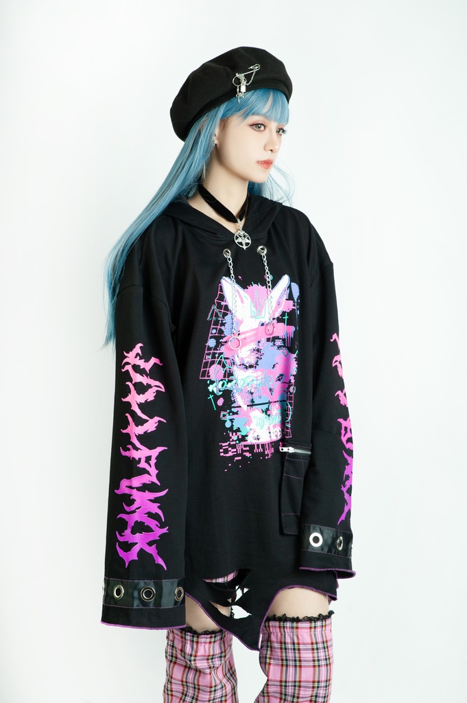 Jillpunk病みカワ Y2K ハロウィン インプパーティー 3Dツノ付き アシンメトリー変形の裾 穴開き クラッシュ 長袖 ゆったりパーカー オリジナルメンズ レディーズ カジュアル おしゃれ男女兼用 可愛い