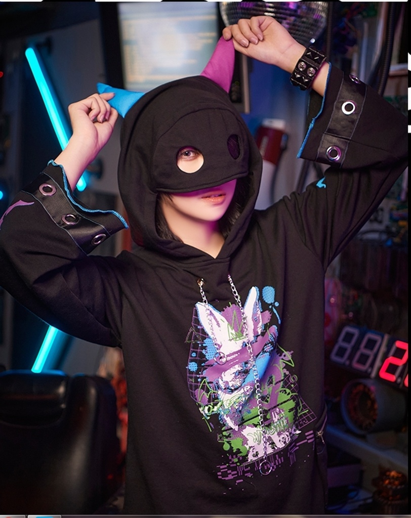 Jillpunk病みカワ Y2K ハロウィン インプパーティー 3Dツノ付き アシンメトリー変形の裾 穴開き クラッシュ 長袖 ゆったりパーカー オリジナルメンズ レディーズ カジュアル おしゃれ男女兼用 可愛い