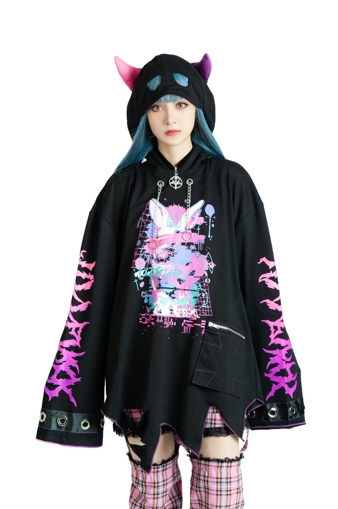 Jillpunk病みカワ Y2K ハロウィン インプパーティー 3Dツノ付き アシンメトリー変形の裾 穴開き クラッシュ 長袖 ゆったりパーカー オリジナルメンズ レディーズ カジュアル おしゃれ男女兼用 可愛い