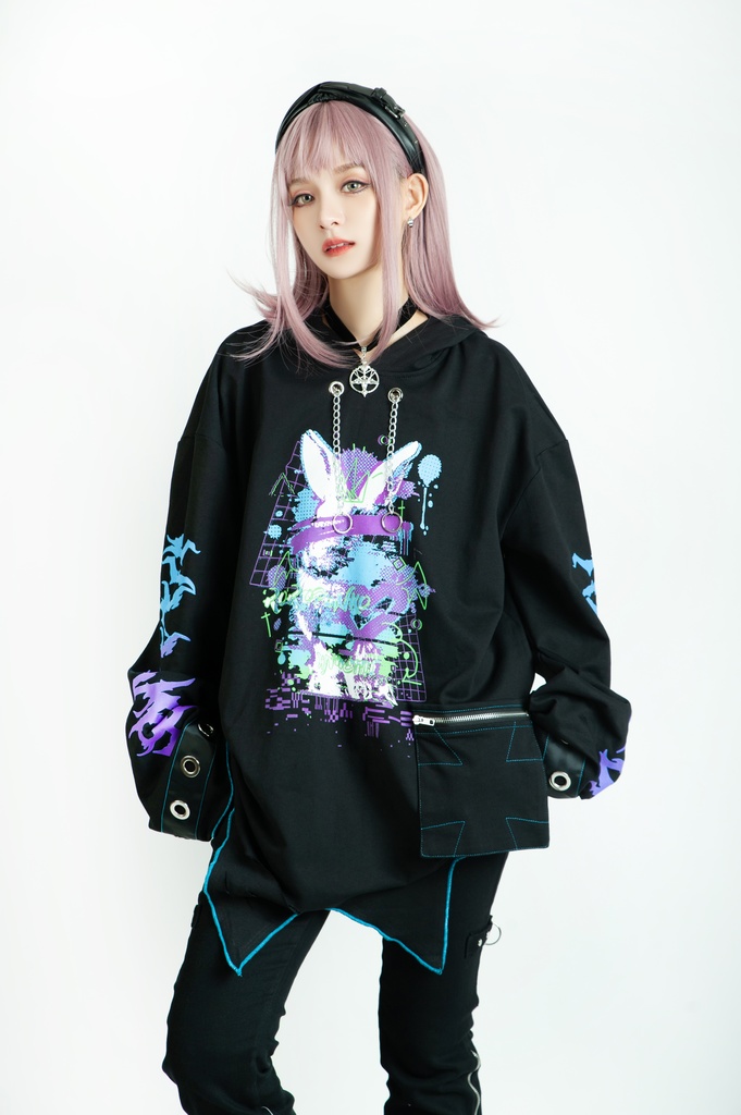 Jillpunk病みカワ Y2K ハロウィン インプパーティー 3Dツノ付き アシンメトリー変形の裾 穴開き クラッシュ 長袖 ゆったりパーカー オリジナルメンズ レディーズ カジュアル おしゃれ男女兼用 可愛い