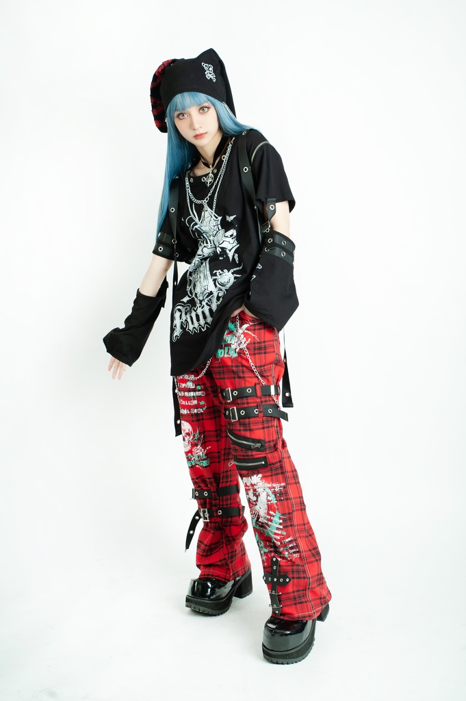 Jillpunk パンク ロック エモい Y2K 甜牙草莓コラボ 死びとの恋 ハーネス 十字架ネックレス アームカバー付き ゆったり 半袖 Tシャツ・カットソー オリジナル おしゃれ男女兼用ファッション メンズ レディース