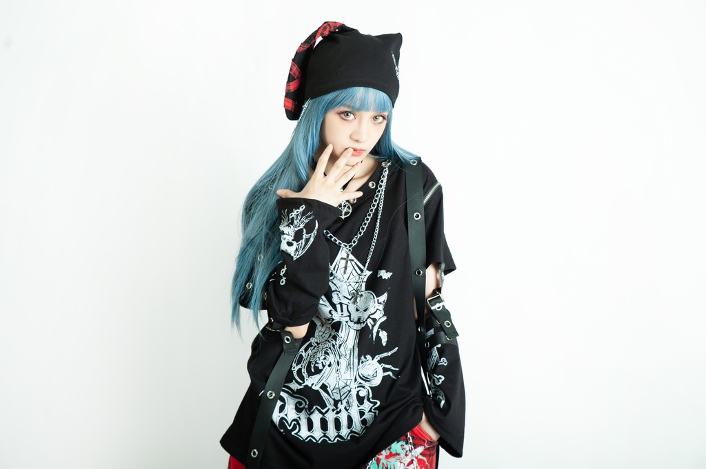 Jillpunk パンク ロック エモい Y2K 甜牙草莓コラボ 死びとの恋 ハーネス 十字架ネックレス アームカバー付き ゆったり 半袖 Tシャツ・カットソー オリジナル おしゃれ男女兼用ファッション メンズ レディース